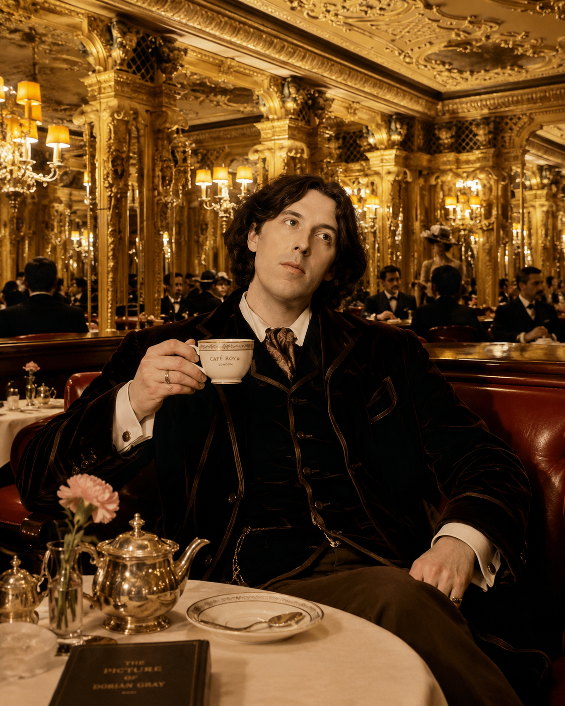 Oscar Wilde drinking tea in the lavish gold interior